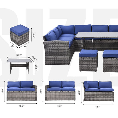 7 Pieces Outdoor Sectional Conversation Sofa with Dining Table, Chairs and Ottomans, Grey+Blue