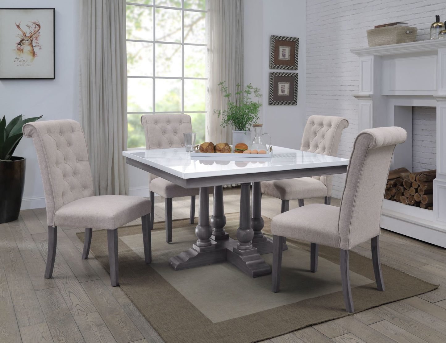 acme yabeina square dining table , marble top & gray oak finish