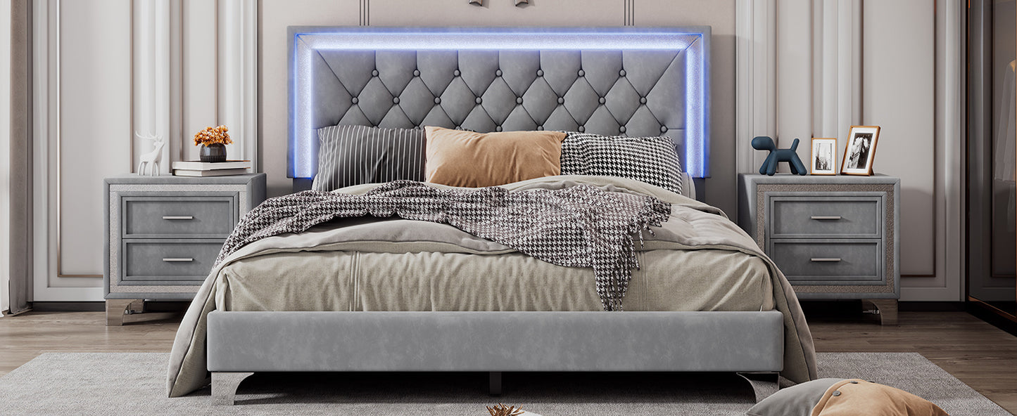 3-pieces upholstered platform bed with led lights and two nightstands-gray