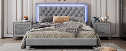 3-Pieces Upholstered Platform Bed with LED Lights and Two Nightstands-Gray
