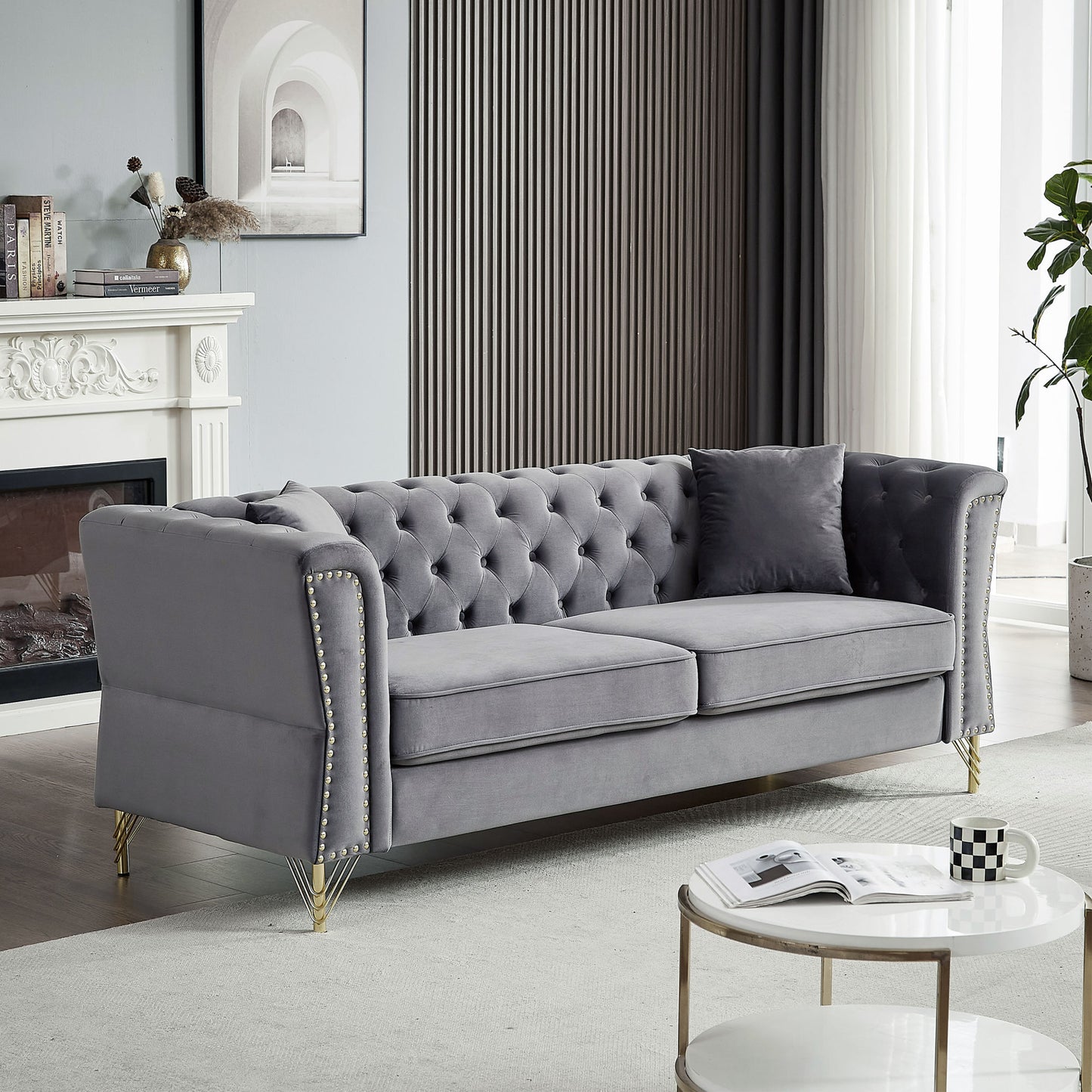 3-seater + 3-seater combination sofa tufted with 4 pillows