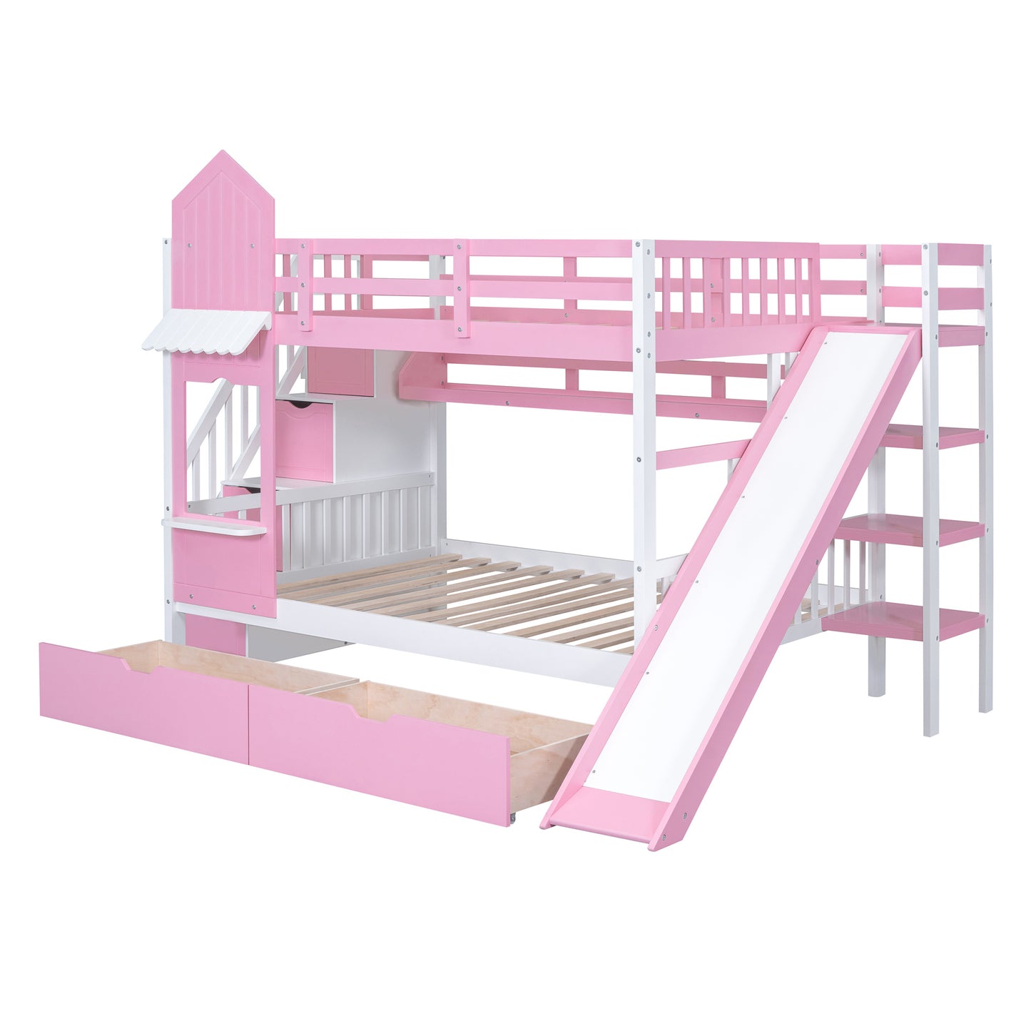full-over-full castle style bunk bed with 2 drawers 3 shelves and slide - pink