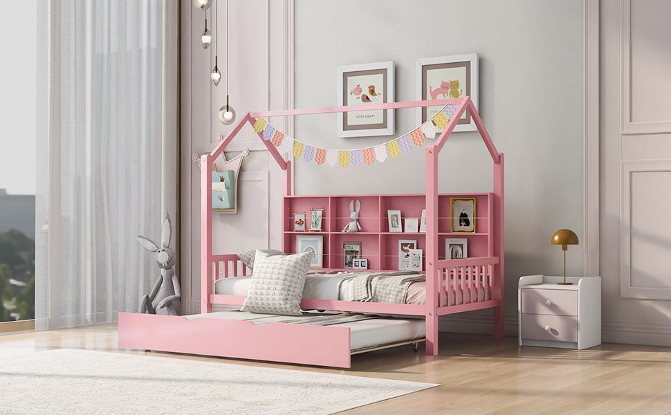 wooden house bed with trundle, pink