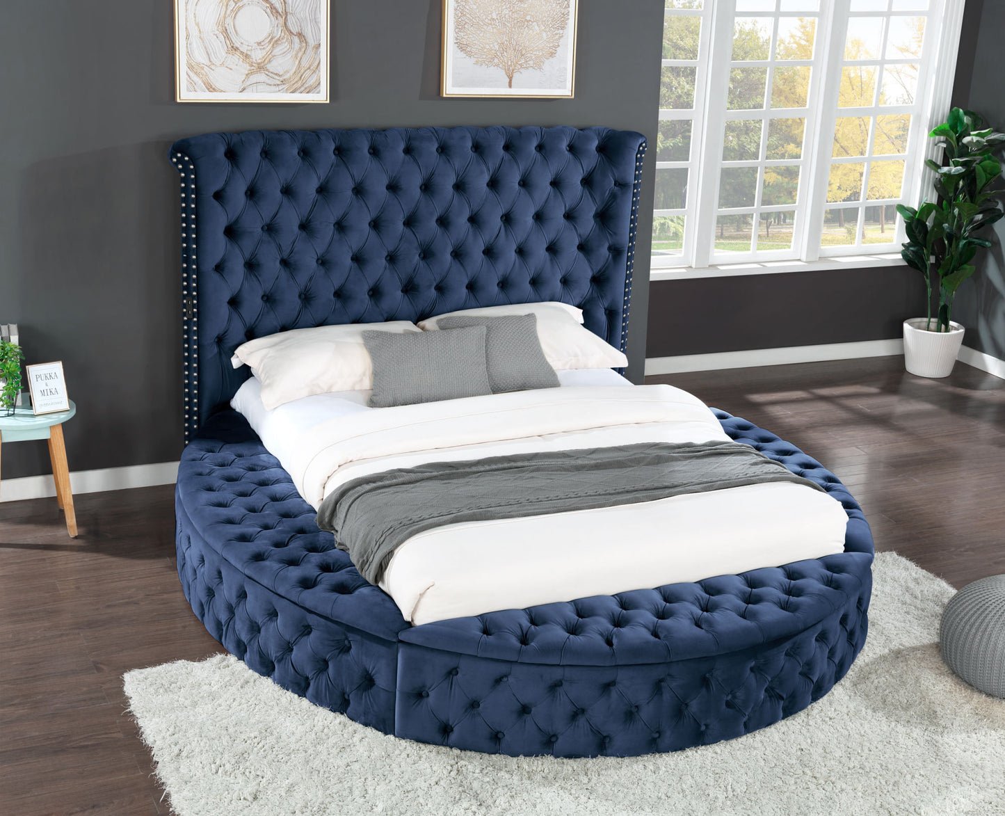 hazel queen size tufted storage bed made with wood in blue