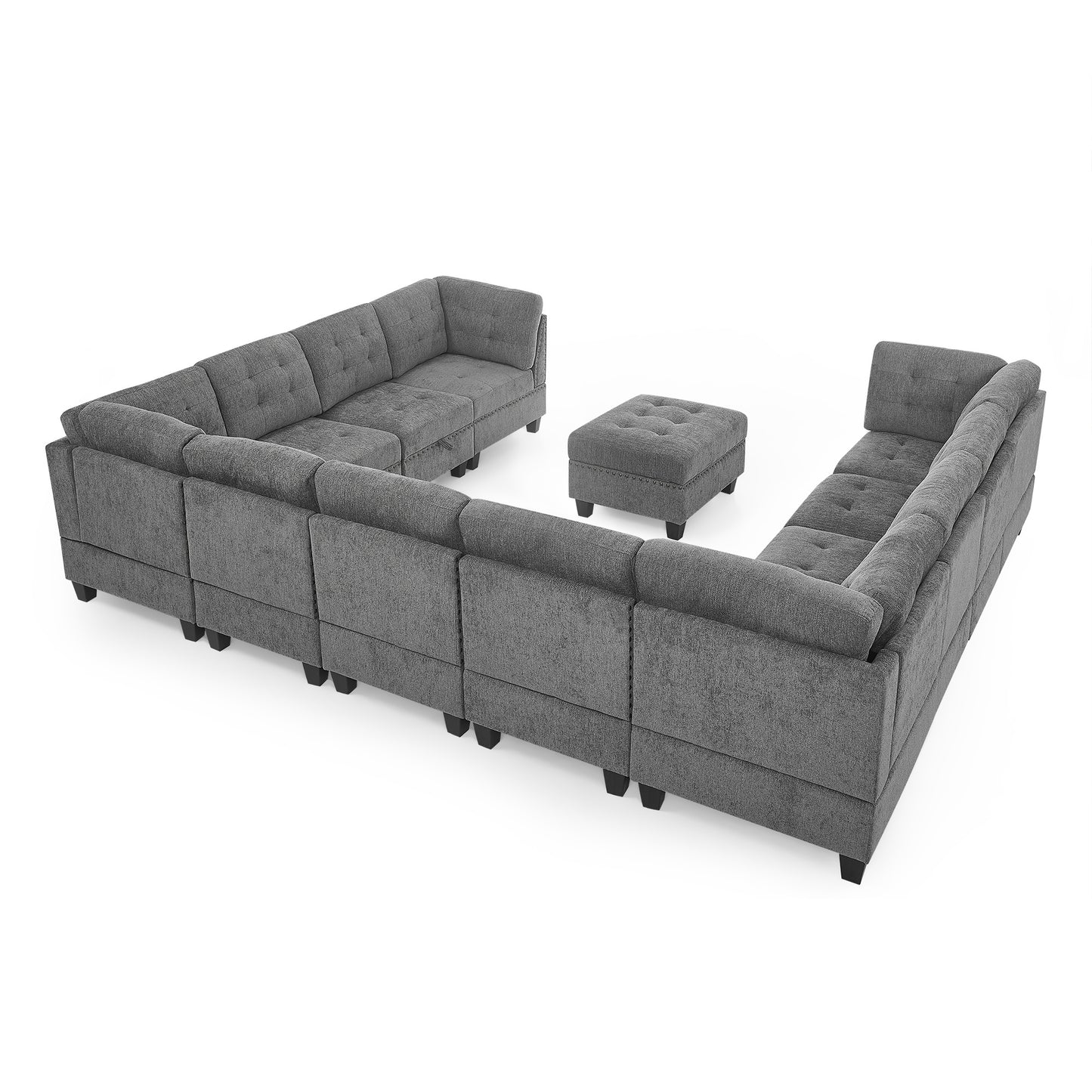 u shape modular sectional sofa includes seven single chair, four corner and one ottoman, grey