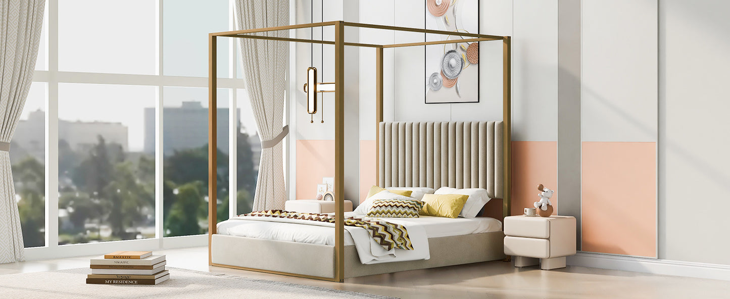 queen size upholstery canopy platform bed with headboard and metal frame, beige