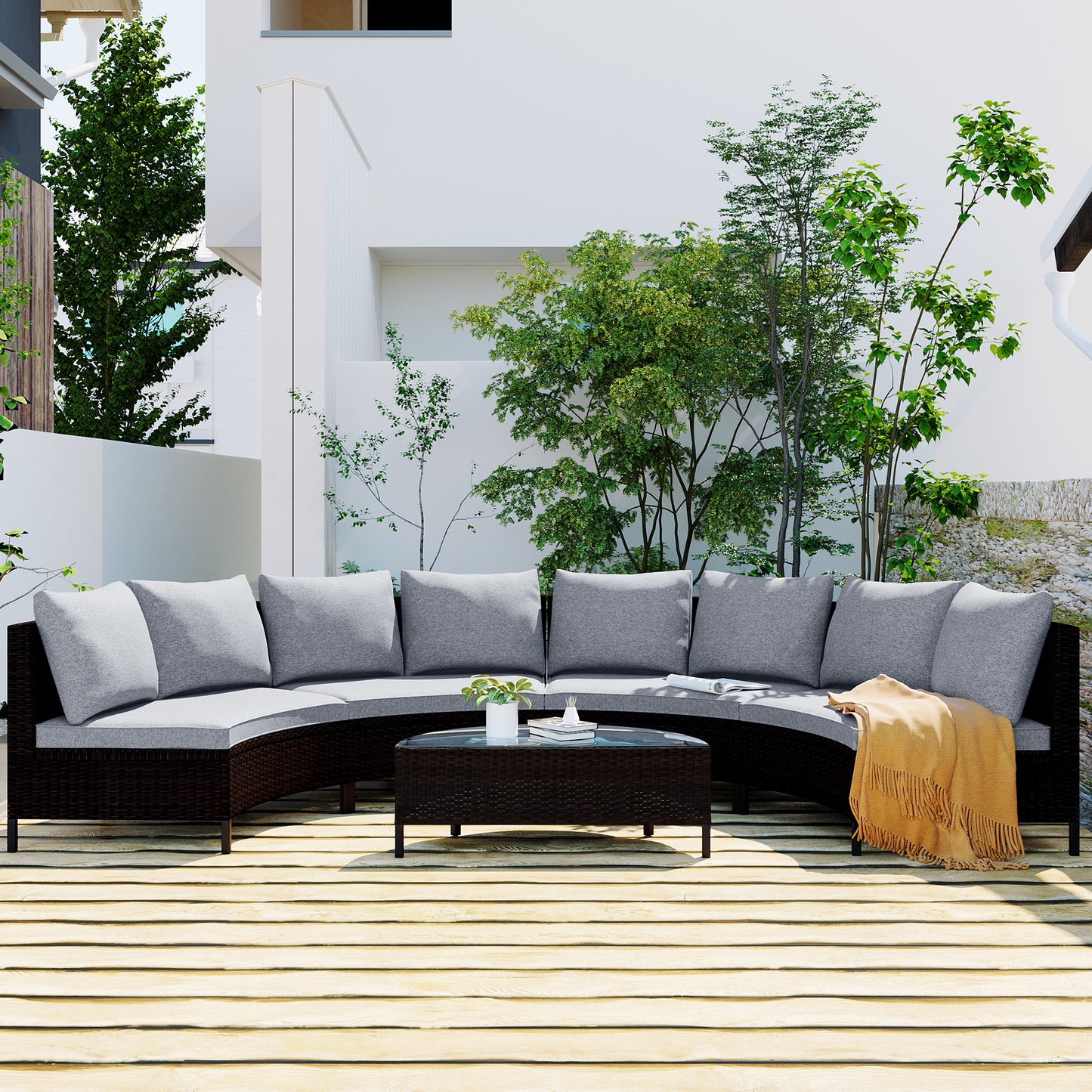 5 pieces all-weather brown pe rattan wicker sofa set