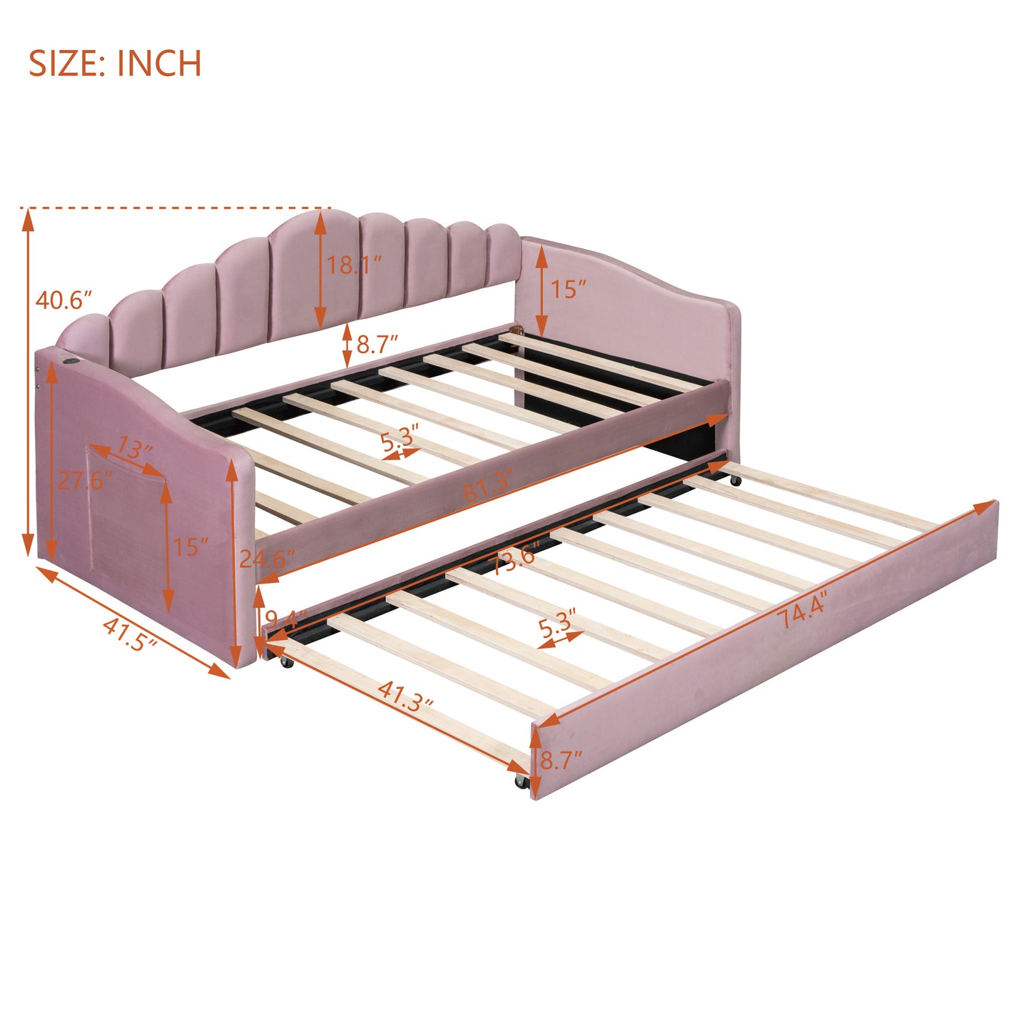 upholstered daybed with trundle & usb charging ports, pink