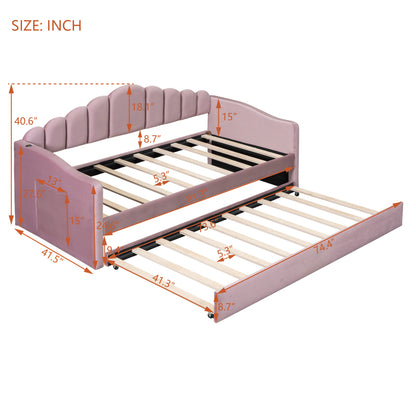 Upholstered Daybed with Trundle & USB Charging Ports, Pink