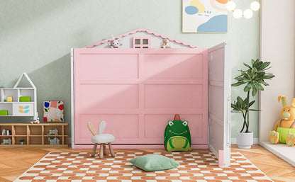 House Murphy Bed with USB, Storage Shelves and Blackboard, Pink+White