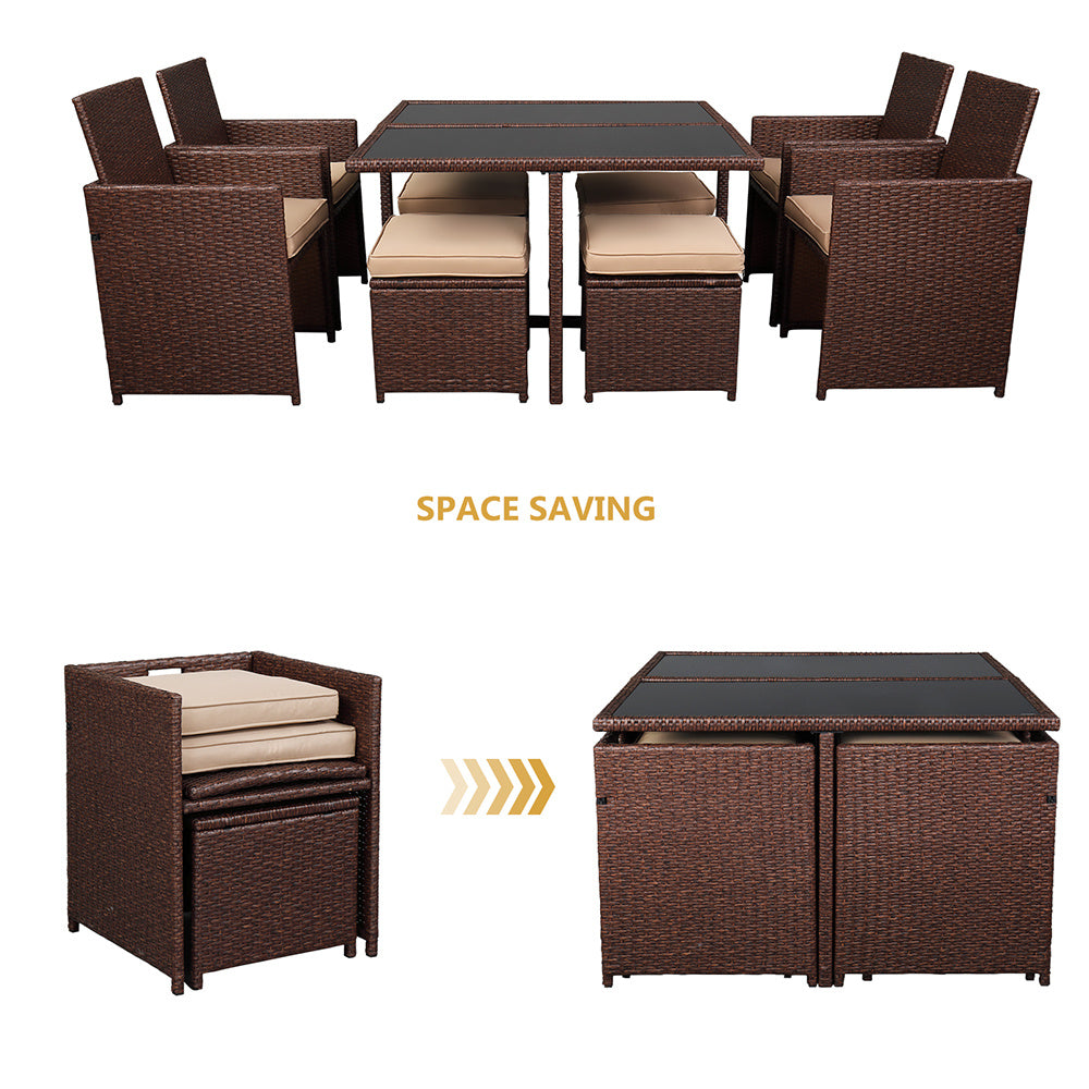 9 pcs wood grain pe wicker rattan dining set