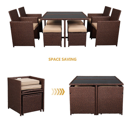 9 Pcs Wood Grain PE Wicker Rattan Dining Set