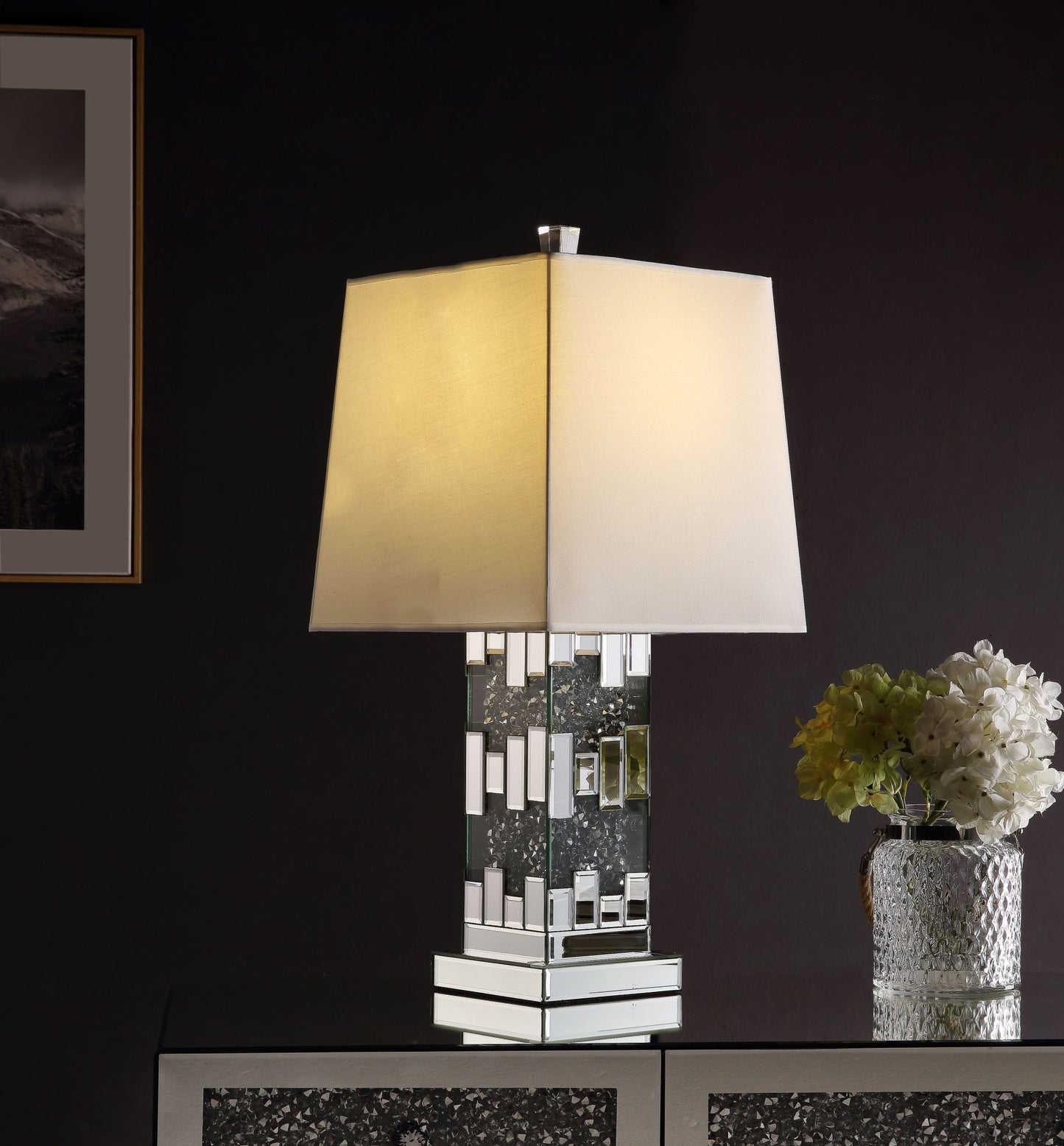 acme noralie table lamp, mirrored & faux diamonds