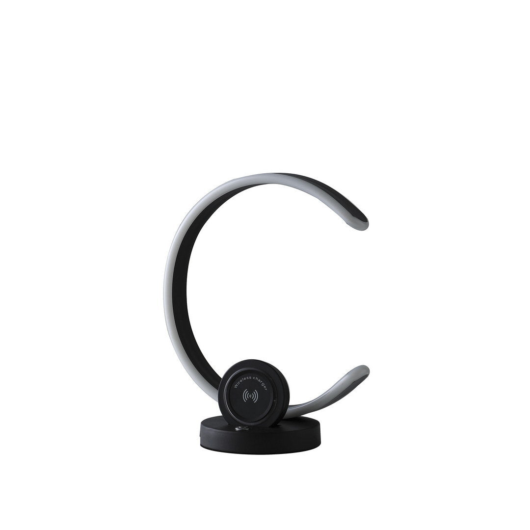 13.25" in modern c shape led w/ usb/wireless charger port & touch dimmer black table lamp
