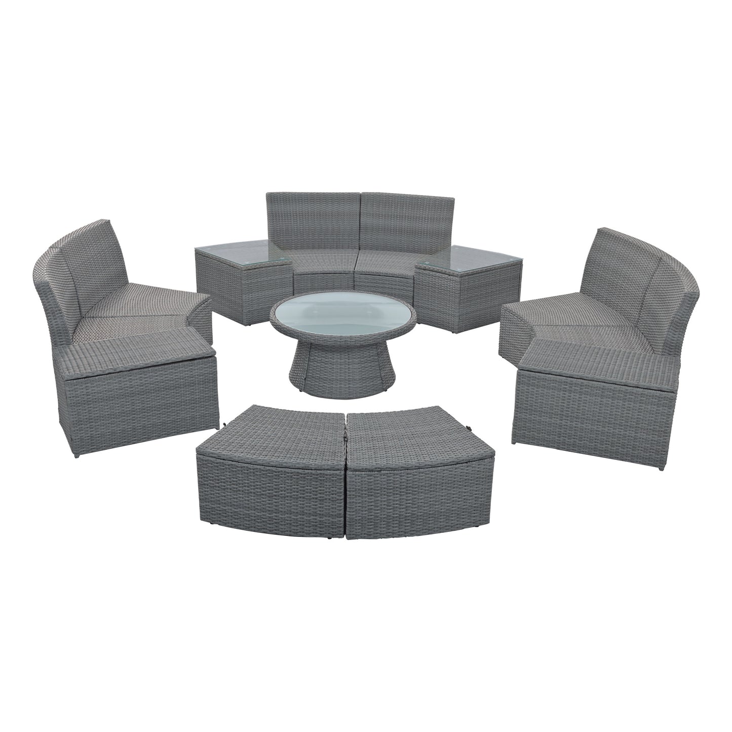 10-piece outdoor sectional half round patio rattan sofa set, light gray