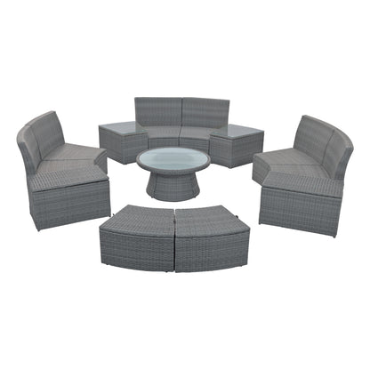10-Piece Outdoor Sectional Half Round Patio Rattan Sofa Set, Light Gray