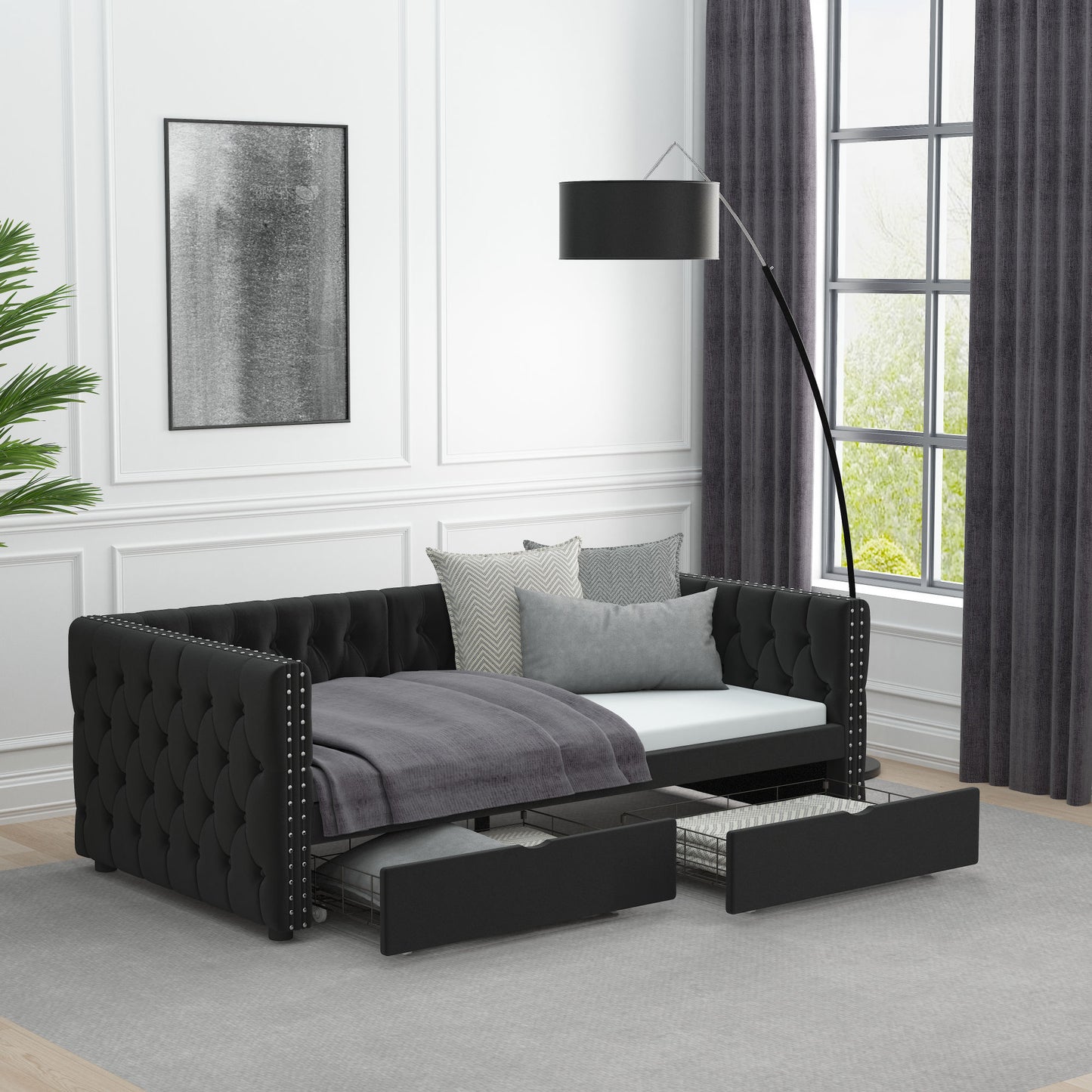velvet upholstered tufted bed with drawers, black