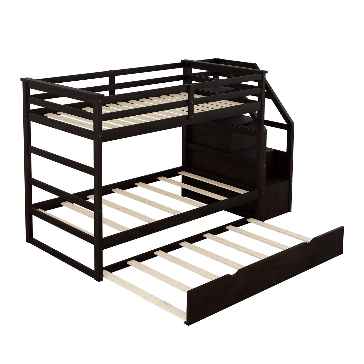 twin-over-twin bunk bed with twin size trundle and 3 storage stairs, espresso