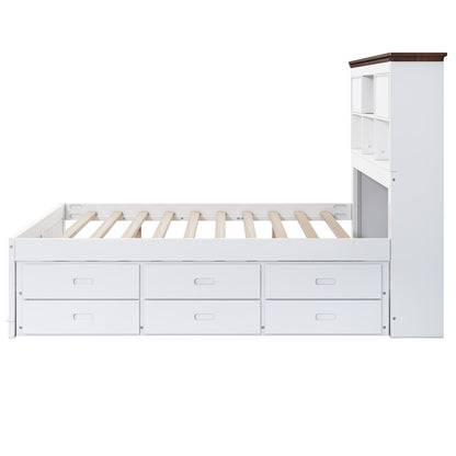 Wooden Captain Bed with Trundle and Nightstand, White+Walnut