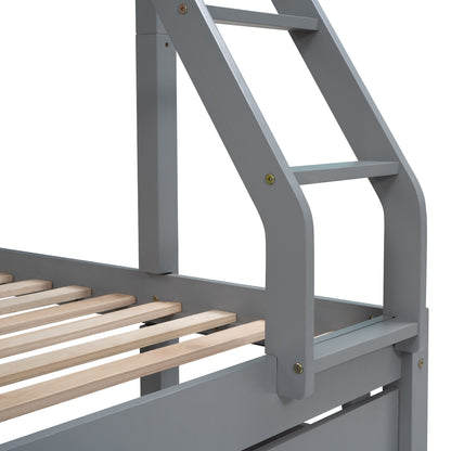 Triple Bunk Bed with Drawers and Guardrails, Gray