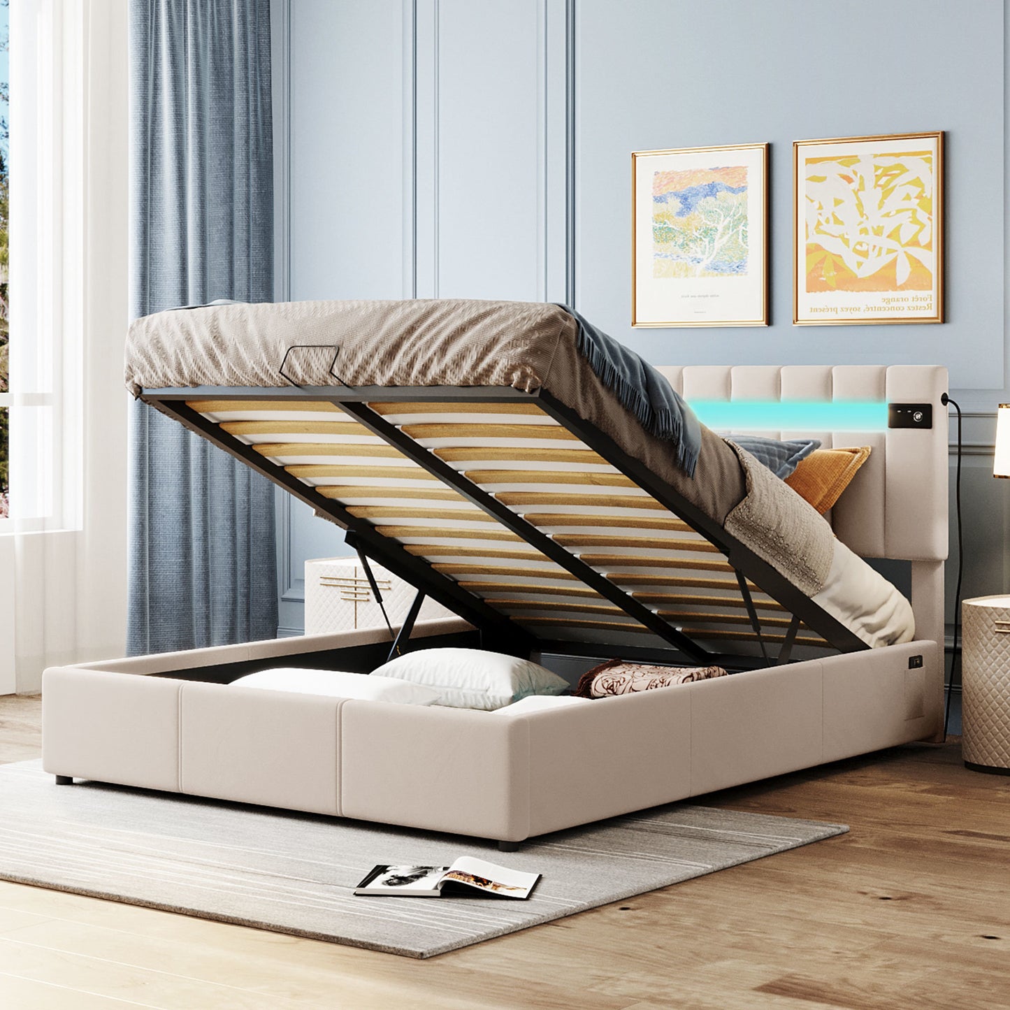 velvet upholstered hydraulic storage bed with led light, bluetooth player, and usb charging