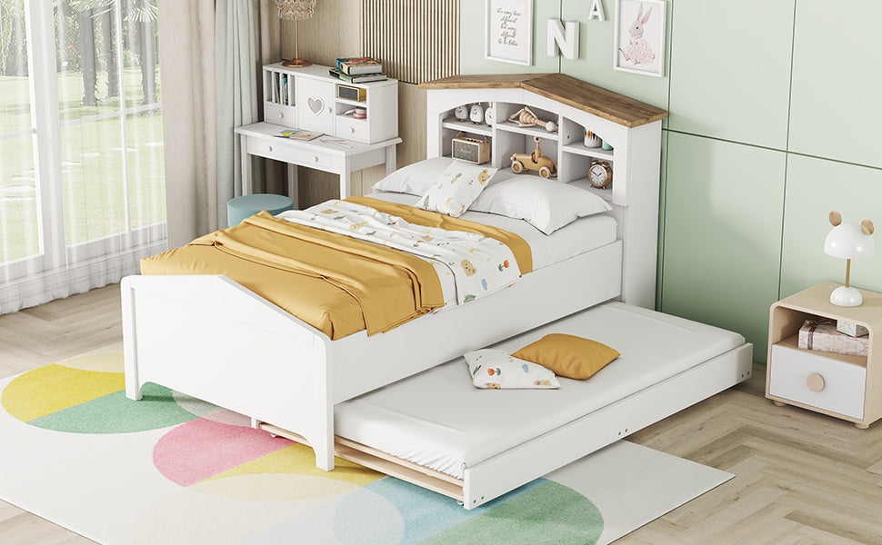 house-shaped bed with storage headboard and trundle, white