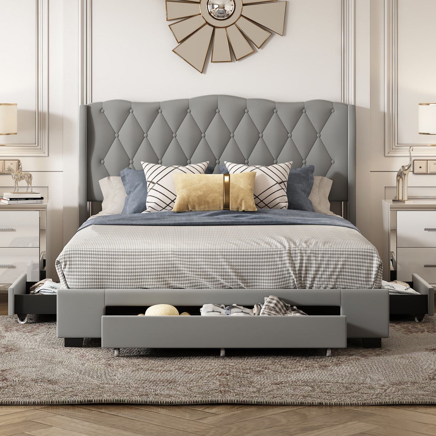 velvet upholstered platform bed with tufted headboard and 3 drawers, gray