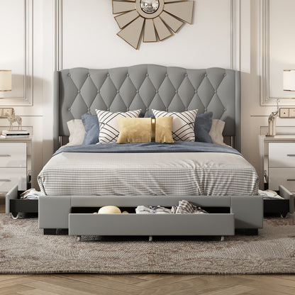 Velvet Upholstered Platform Bed with Tufted Headboard and 3 Drawers, Gray