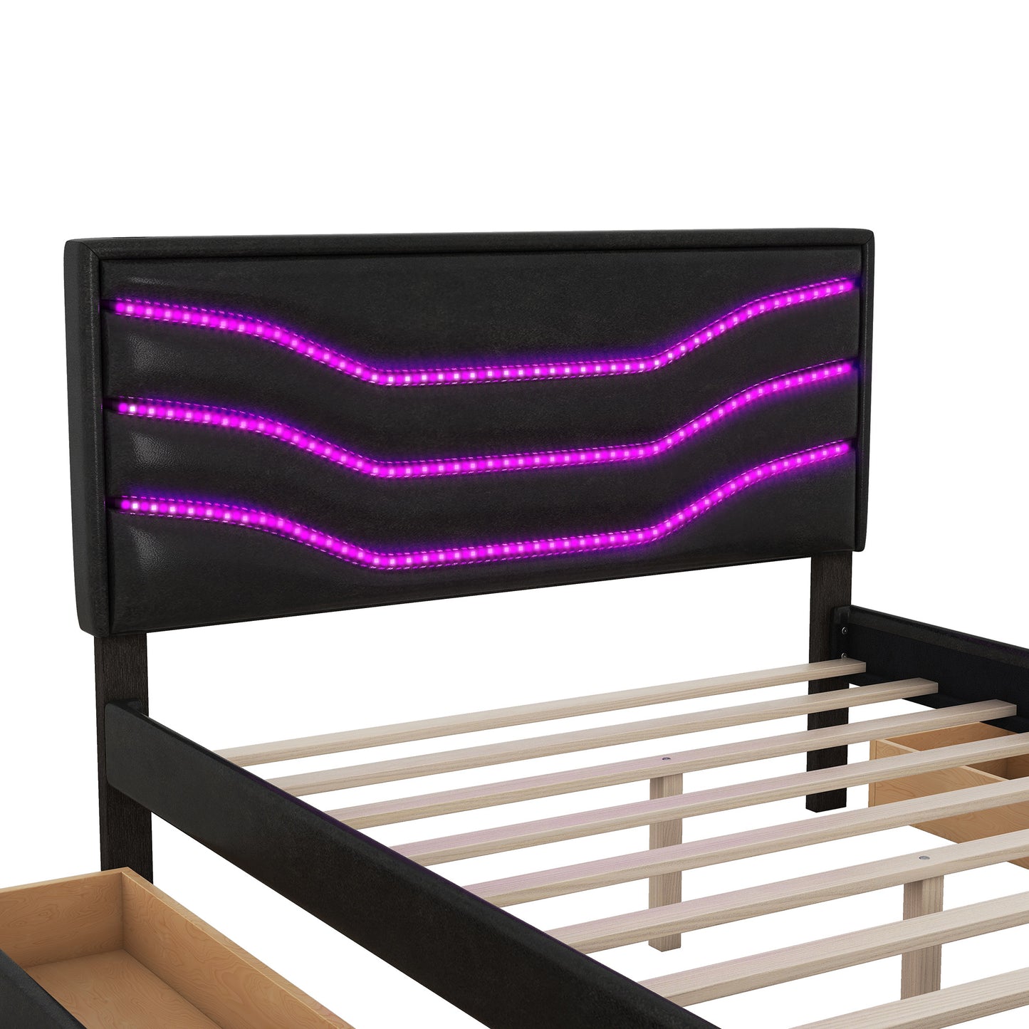 retro upholstered storage platform bed with led, 4 drawers and usb charging, black
