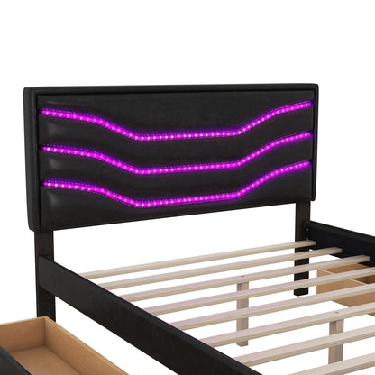 Retro Upholstered Storage Platform Bed with LED, 4 Drawers and USB Charging, Black