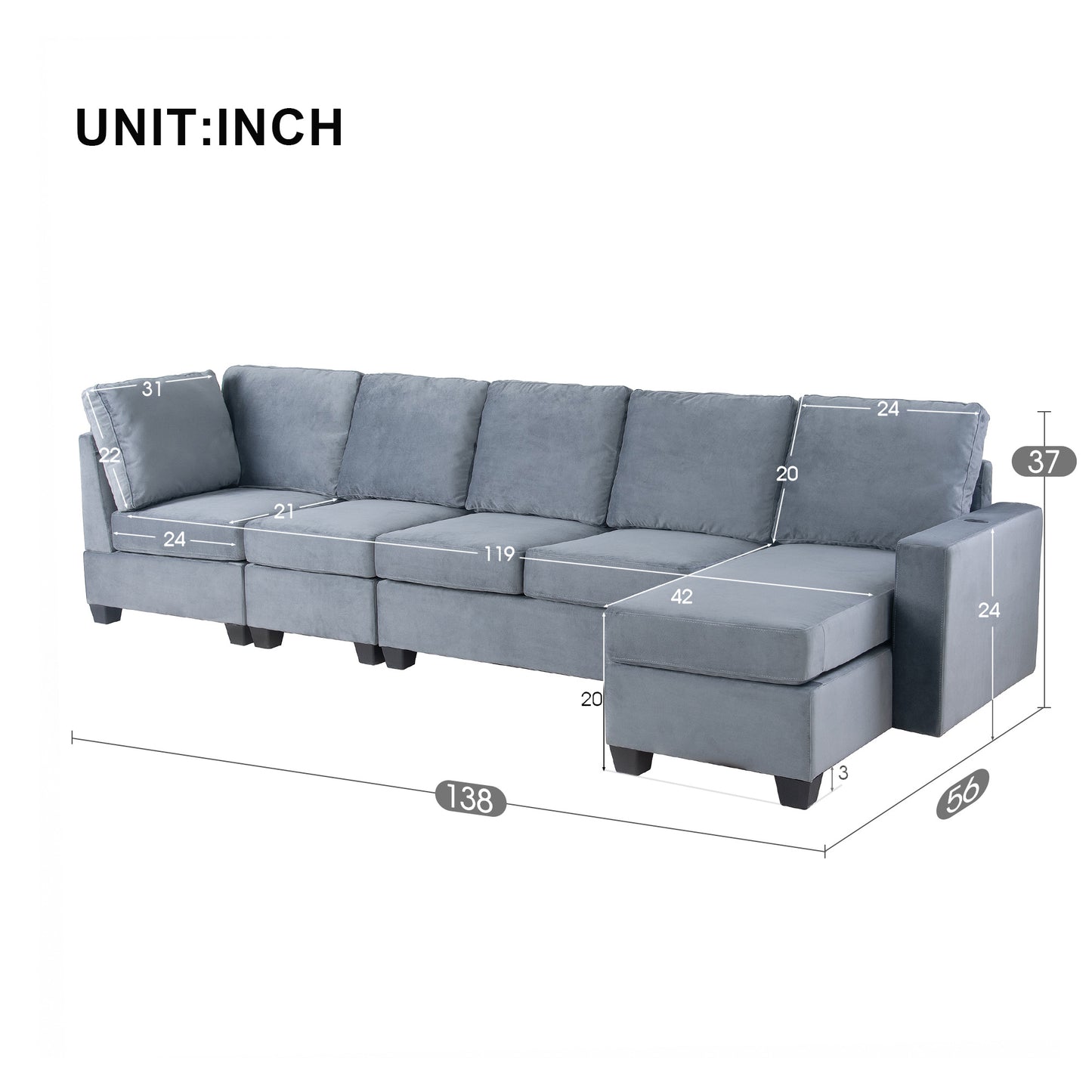 modern l shape sectional sofa with usb charging port, grey
