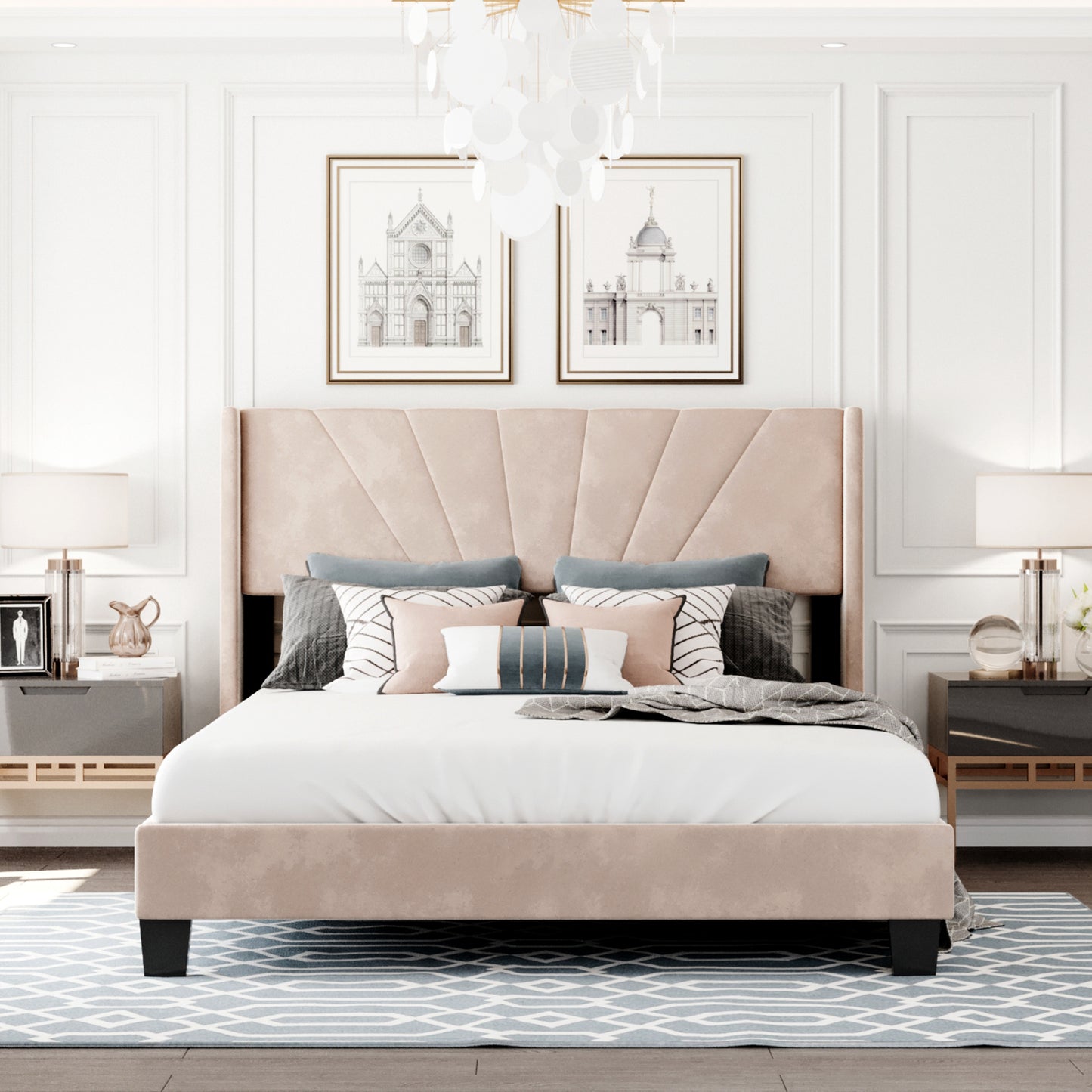 velvet upholstered king platform bed