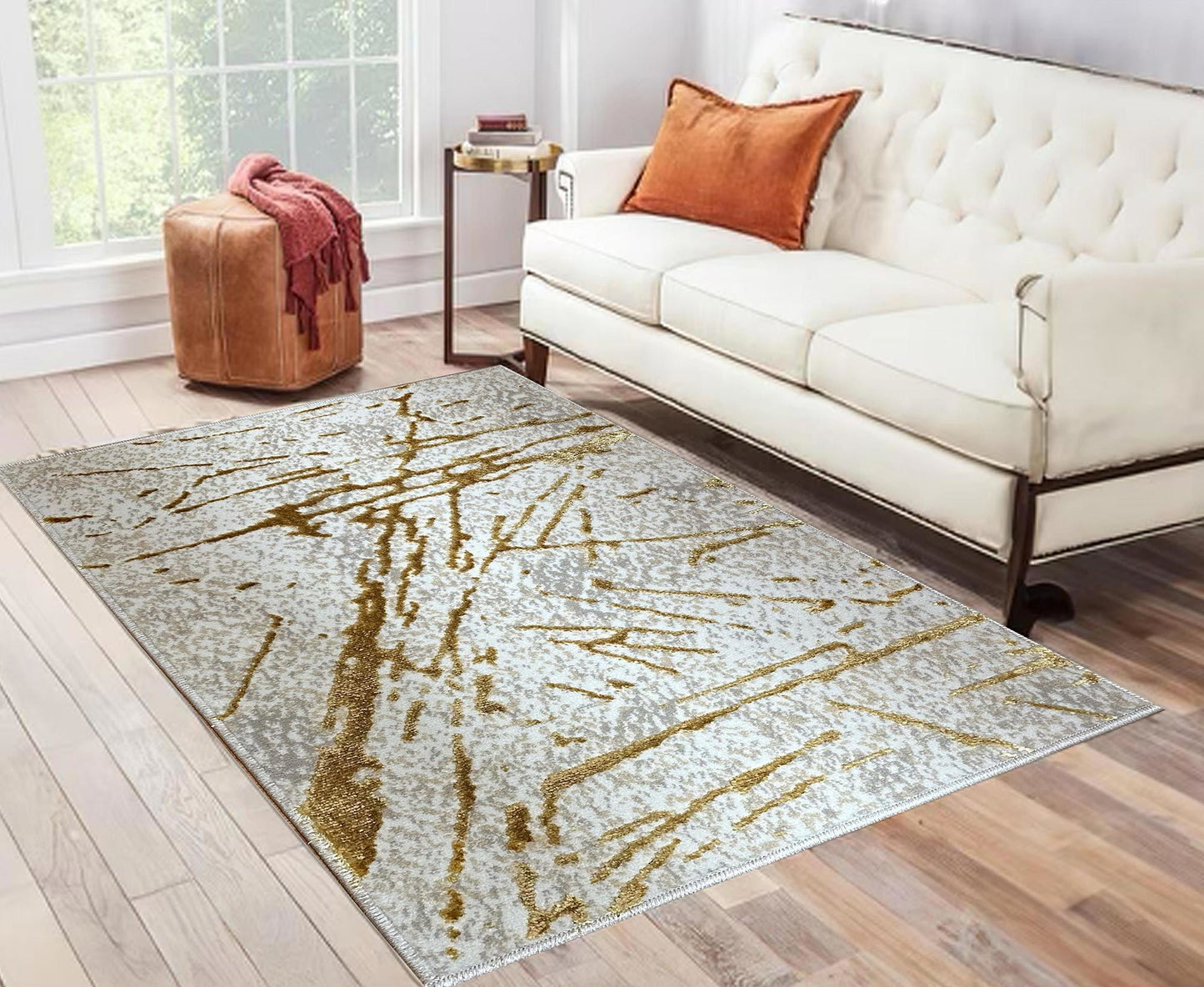 shifra luxury area rug in beige and gray with gold abstract design
