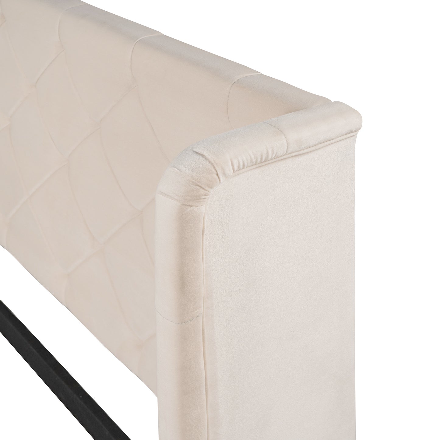 modern velvet upholstered platform bed with wingback headboard and a big drawer