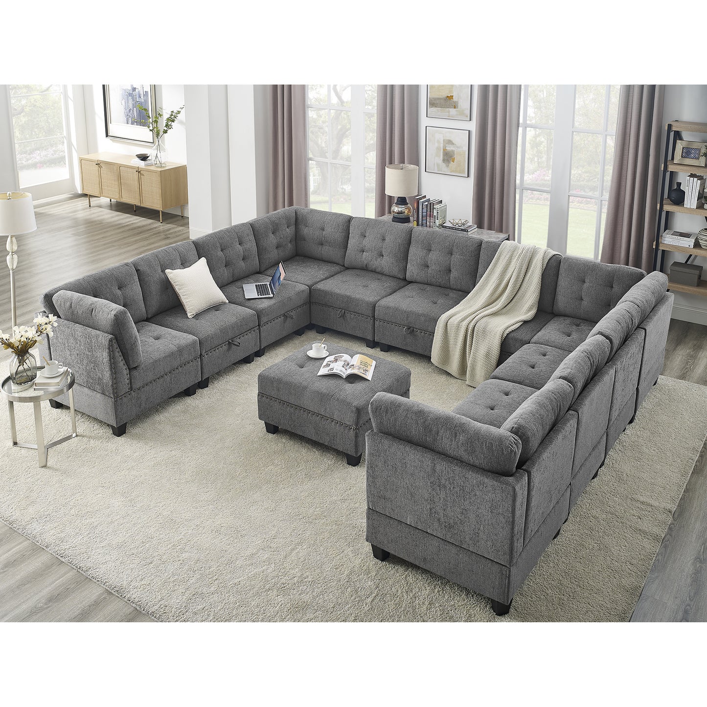 u shape modular sectional sofa includes seven single chair, four corner and one ottoman, grey