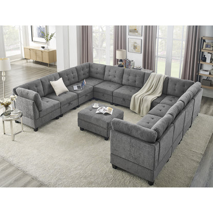 U shape Modular Sectional Sofa includes Seven Single Chair, Four Corner and One Ottoman, Grey