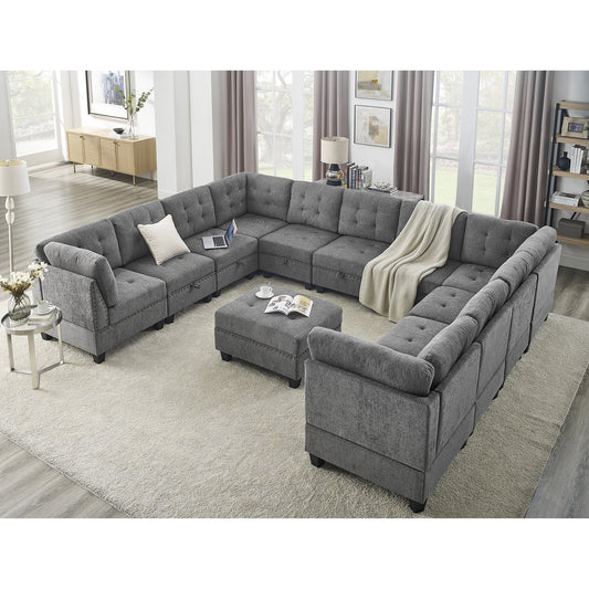 U shape Modular Sectional Sofa includes Seven Single Chair, Four Corner and One Ottoman, Grey