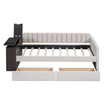 Upholstered Multi-functional Daybed with Cup Holder and a set of USB Ports and Sockets, Beige