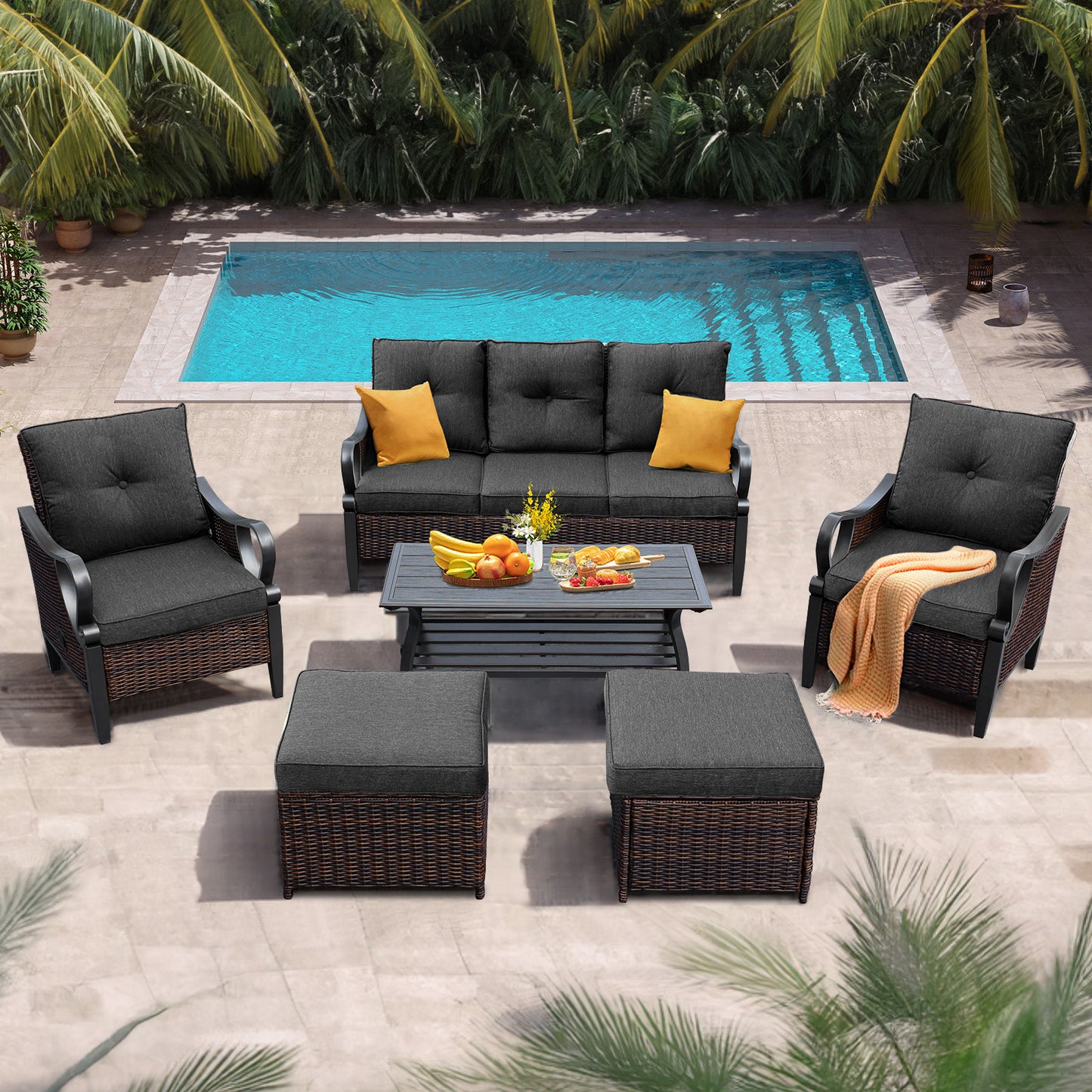 6 pcs outdoor sectional sofa with reclining backrest, ottomans, black cushions