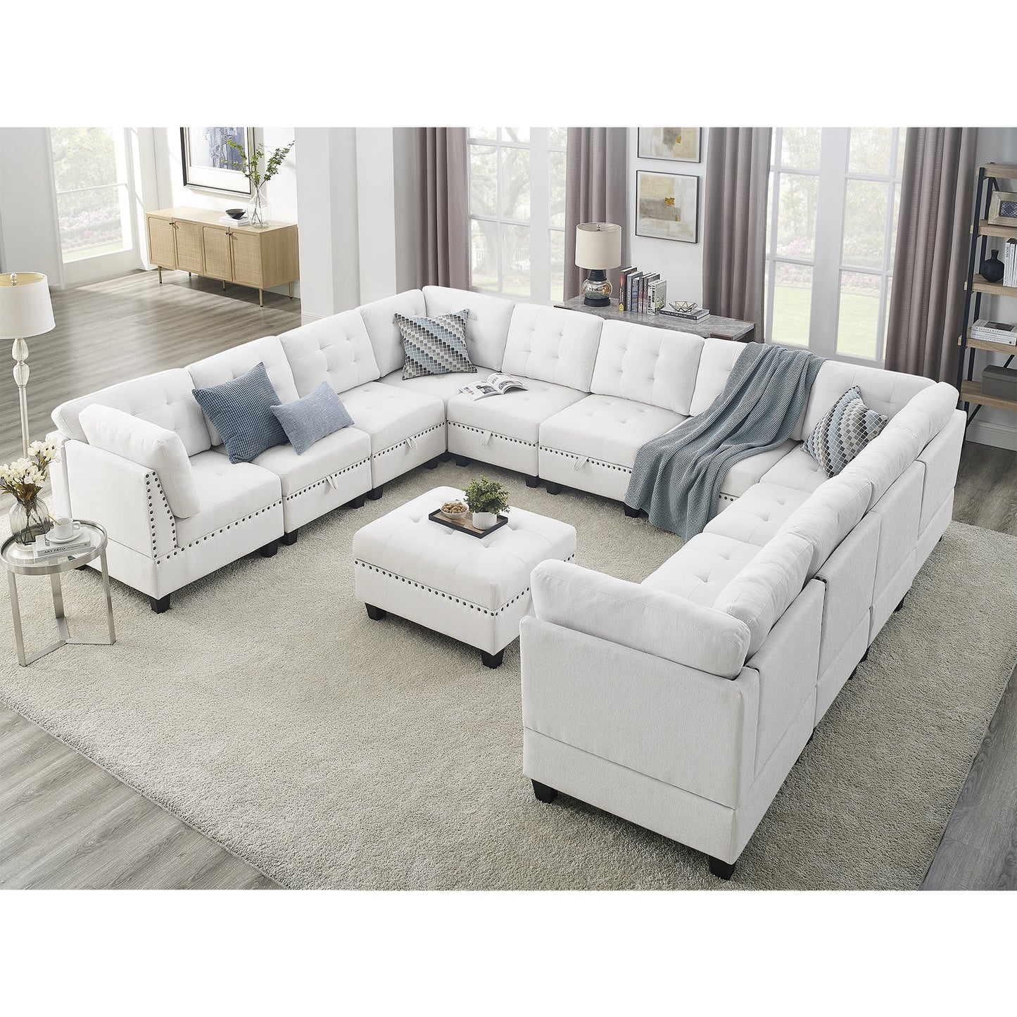 u shape modular sectional with ottoman, ivory