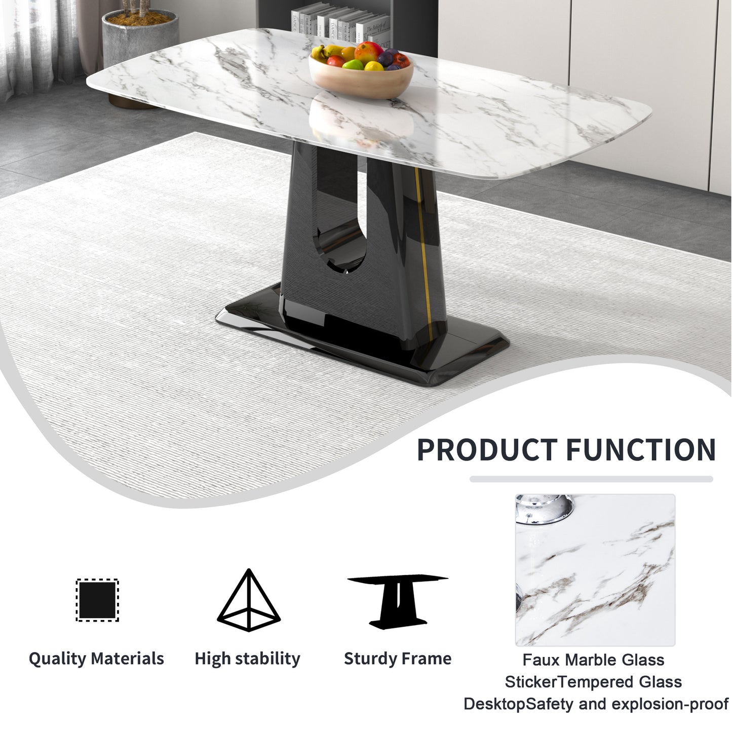 a modern, minimalist, and luxurious dining table with a white imitation marble tabletop and mdf legs with u-shaped brackets. tables in restaurants and living rooms 63"*35.4"*30 f-u