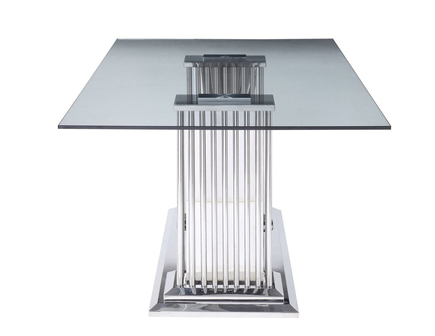 acme cyrene dining table in stainless steel & clear glass