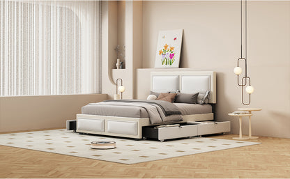 Teddy Upholstered Platform Bed with Large Rivet-decorated Backrests and 4 Drawers, Velvet Beige+White