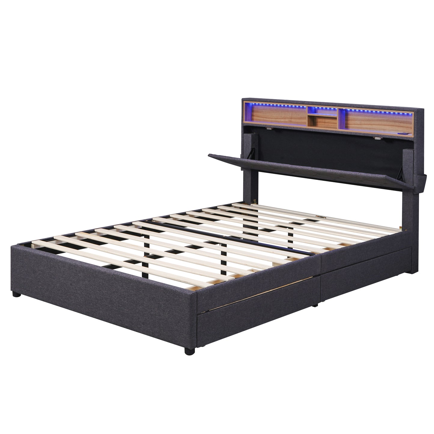 full size upholstered bed with storage headboard, led, usb charging and 2 drawers, dark gray