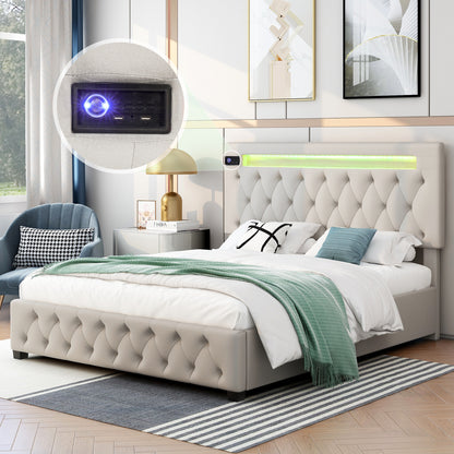 Upholstered Bed Featured with Bluetooth Audio, LED Light and USB Charging, Beige