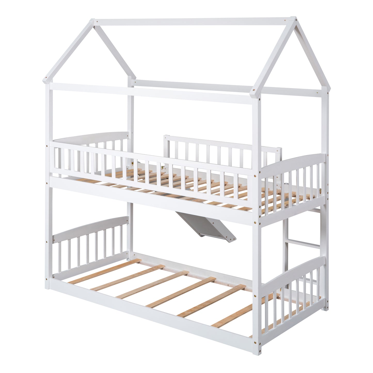 twin over twin bunk bed with slide, white