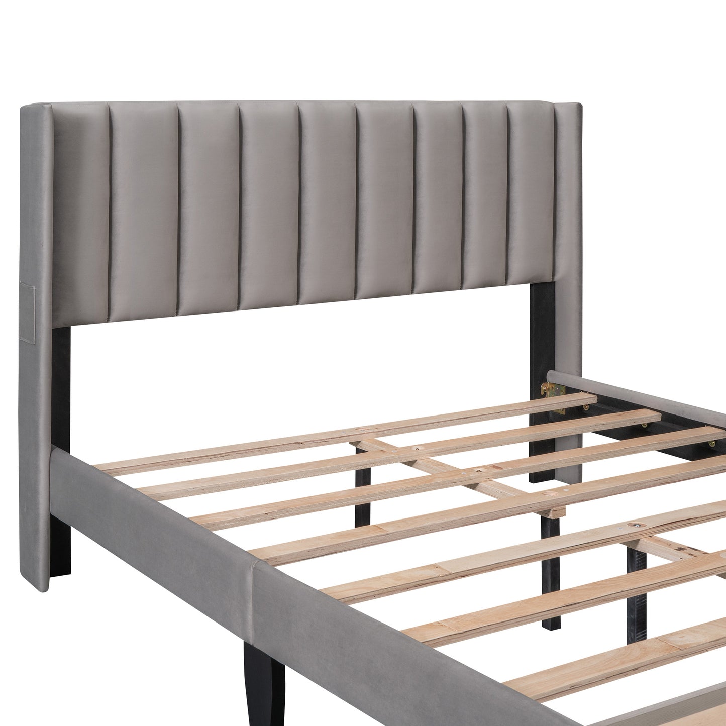 velvet upholstered platform bed with a big drawer