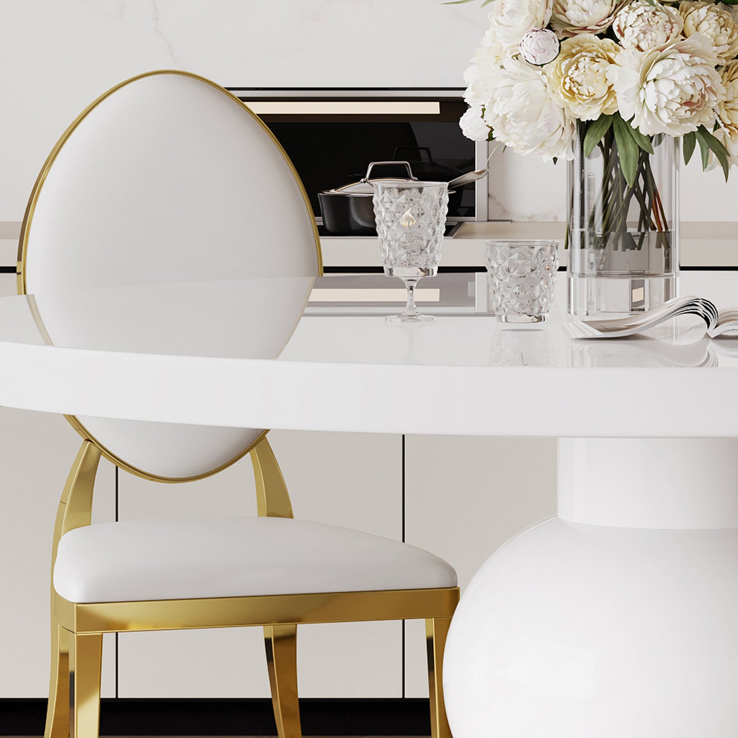 59" round white mdf dining table, base with gold finish stainless steel circle