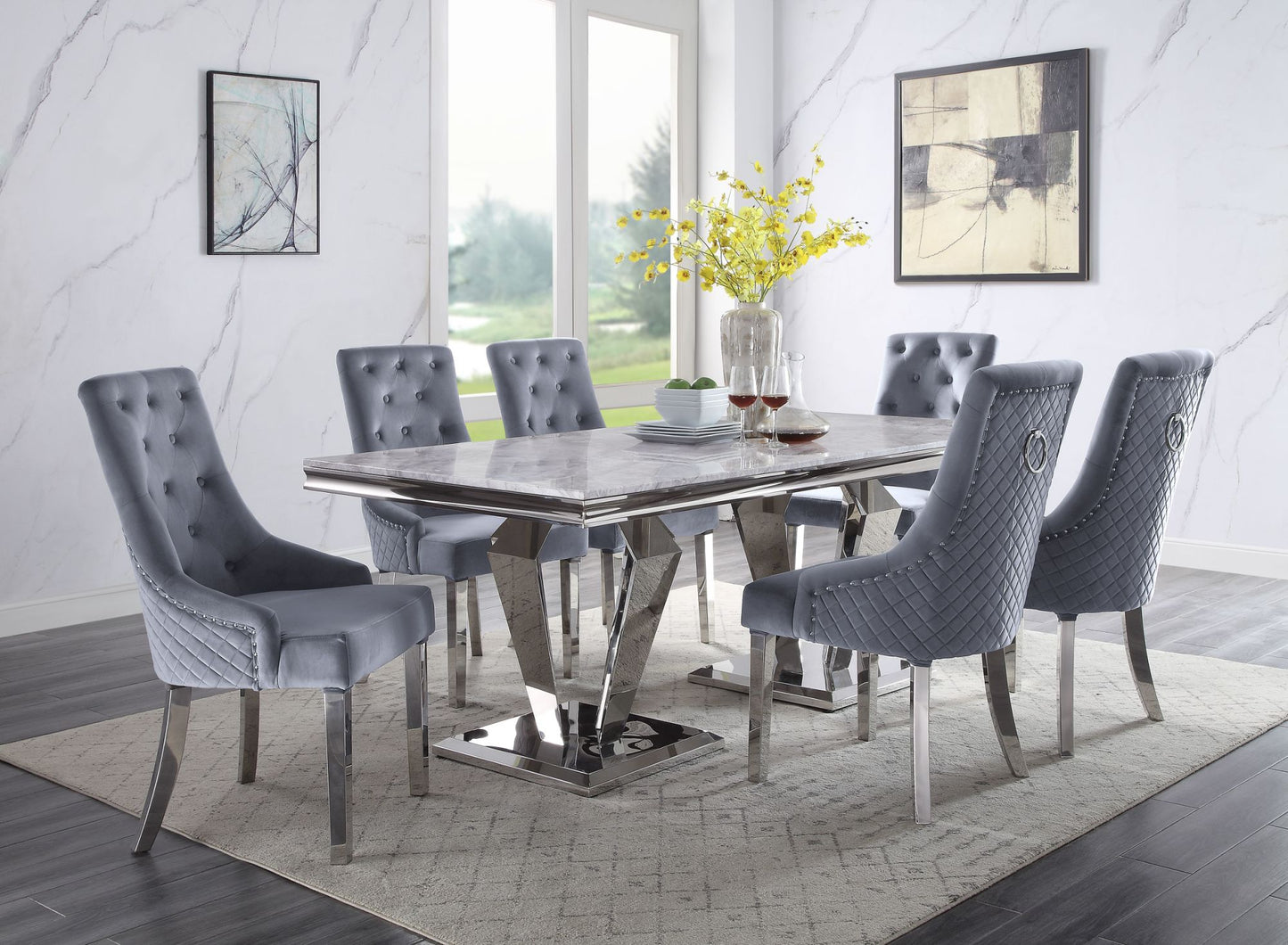 acme satinka dining table, light gray printed faux marble & mirrored silver finish