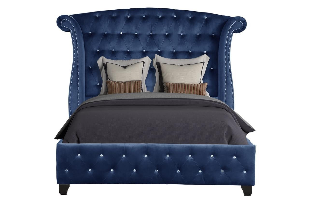sophia crystal tufted queen bed made with wood in blue